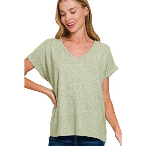 Zenana Soft Melange Hacci V-neck Tee - Picture 1 of 3
